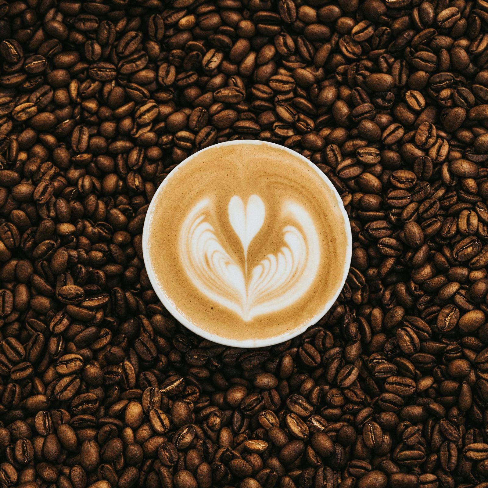 A latte with heart-shaped latte art in a white cup, seen from above, surrounded by roasted coffee beans